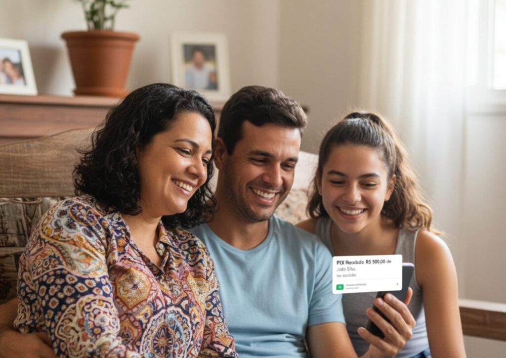 Brazilian family receiving a PIX transfer. Send money to Brazil with Rocket Remit.