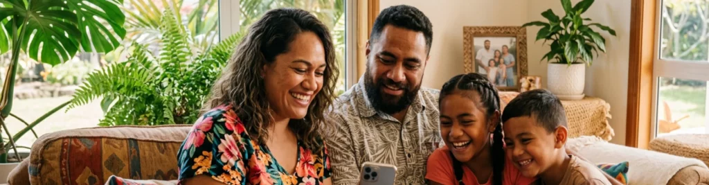 Pacific Islander family smiling together on a couch while checking a money transfer on a mobile phone