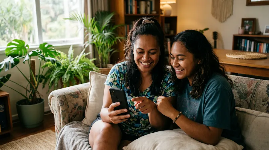 Two Fijian sisters smiling together while looking at a phone on the couch