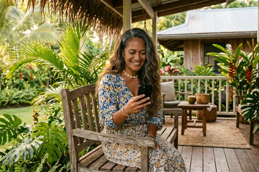 Samoan woman smiling while checking her phone on a home porch
