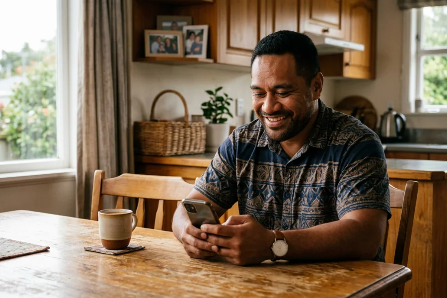 Tongan man smiling while checking his phone at his kitchen table