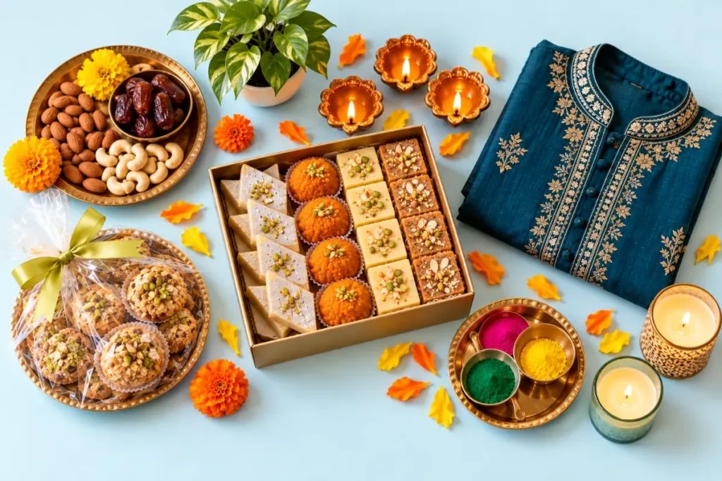 Diwali gift ideas: a box of Indian sweets, dry fruits, a folded kurta, brass diyas, rangoli colours, candles and a small plant.