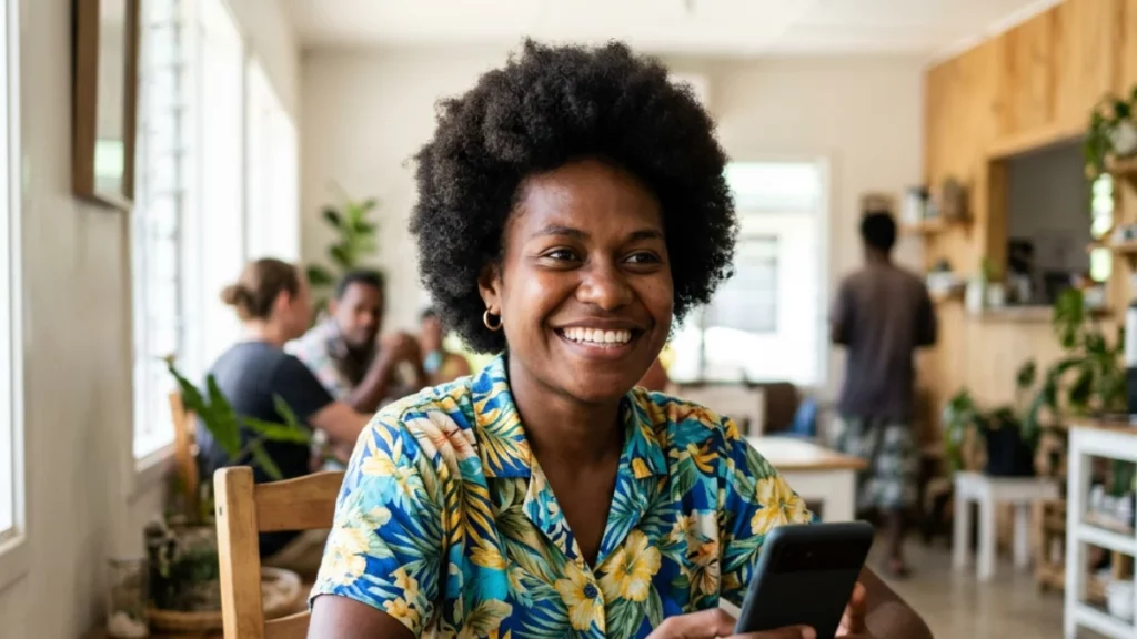 Smiling woman holding a mobile phone in a café, ready to send money to the Solomon Islands